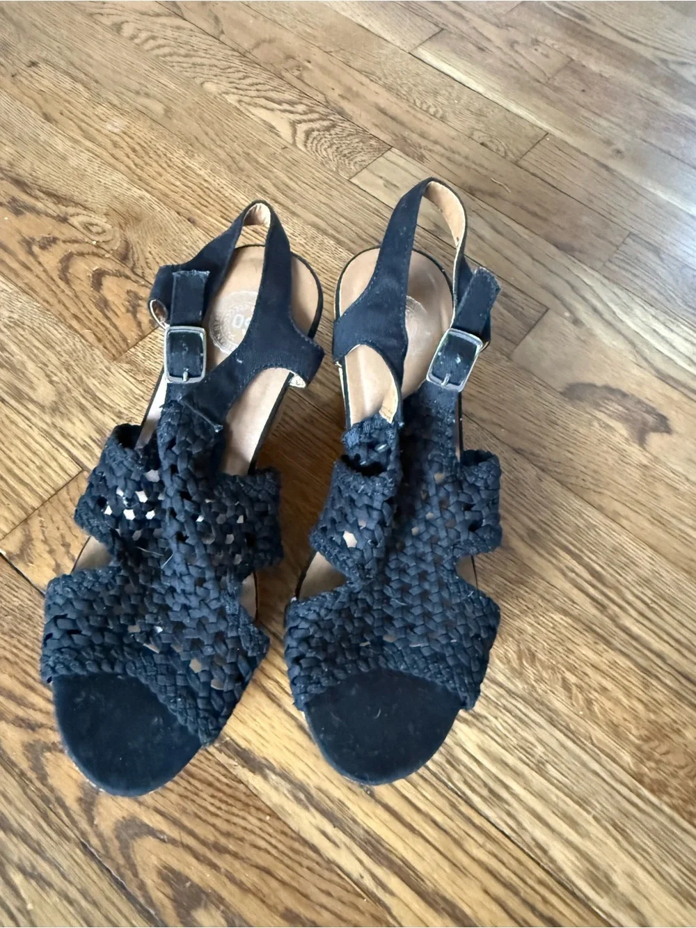 Black Woven Cork Wedge Sandals - Women size 8